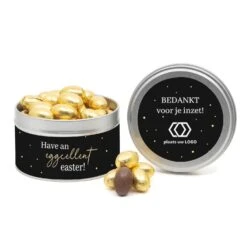 Rond Blik Paaseitjes En Eigen Etiket - Pasen -Casa del Ringraziamento PL432 EITJES GOUD 2