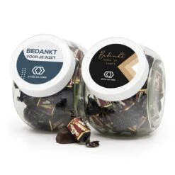 Glazen Snoeppot 0,9L Met Eigen Etiket - Zakelijk -Casa del Ringraziamento Snoeppot 09 chocotoff 4